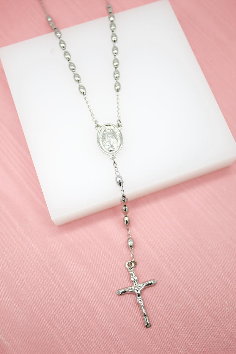Rhodium Oval Beads Catholic Rosary with Crucifix and Virgin Mary (F103A)