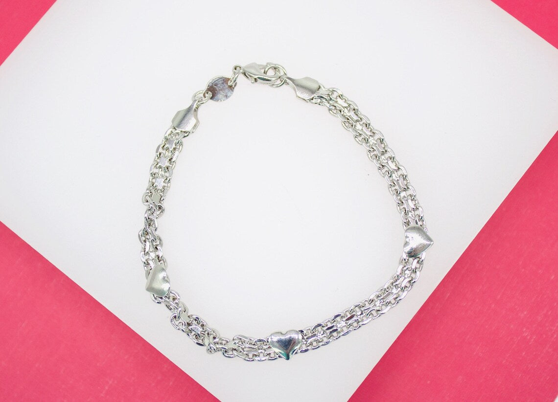 18K Rhodium Filled Designed Double Clip Bracelet With Hearts