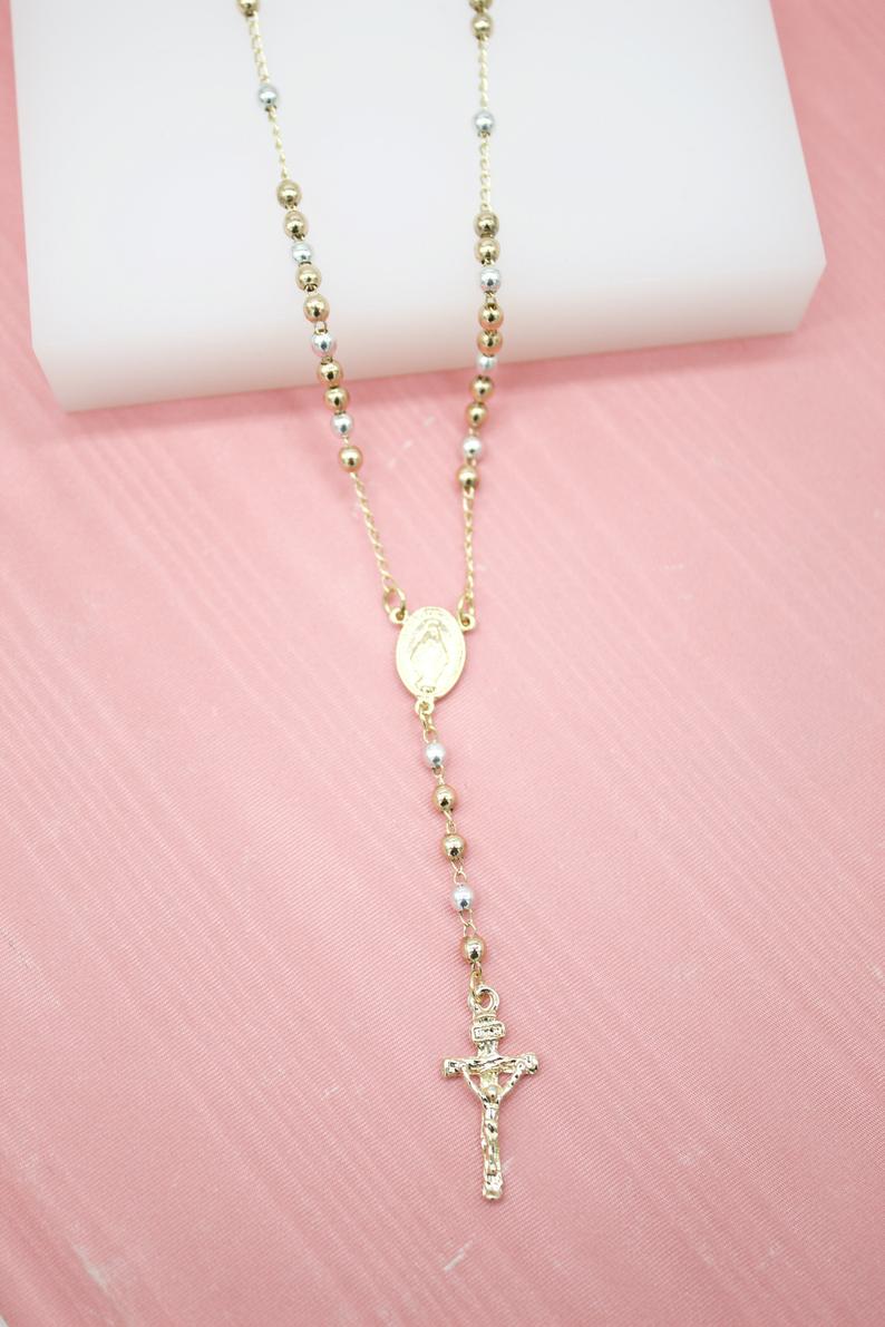 Catholic Gold Bead Rosary With Crucifix And Virgin Mary Charm