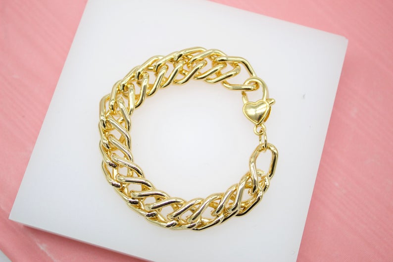 13mm Double Curb Cuban Link Bracelet With Heart Lobster Claw Clasp