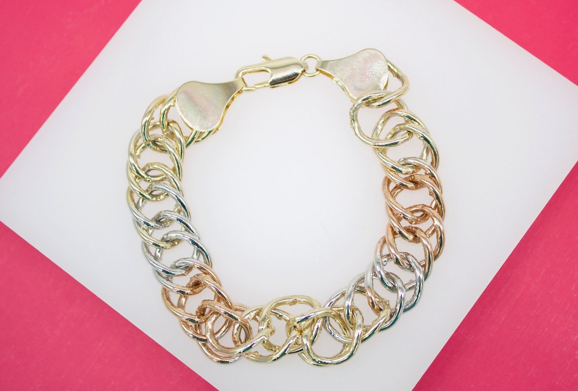 18K Gold Filled Three Toned 13mm Double Cuban Link Bracelet