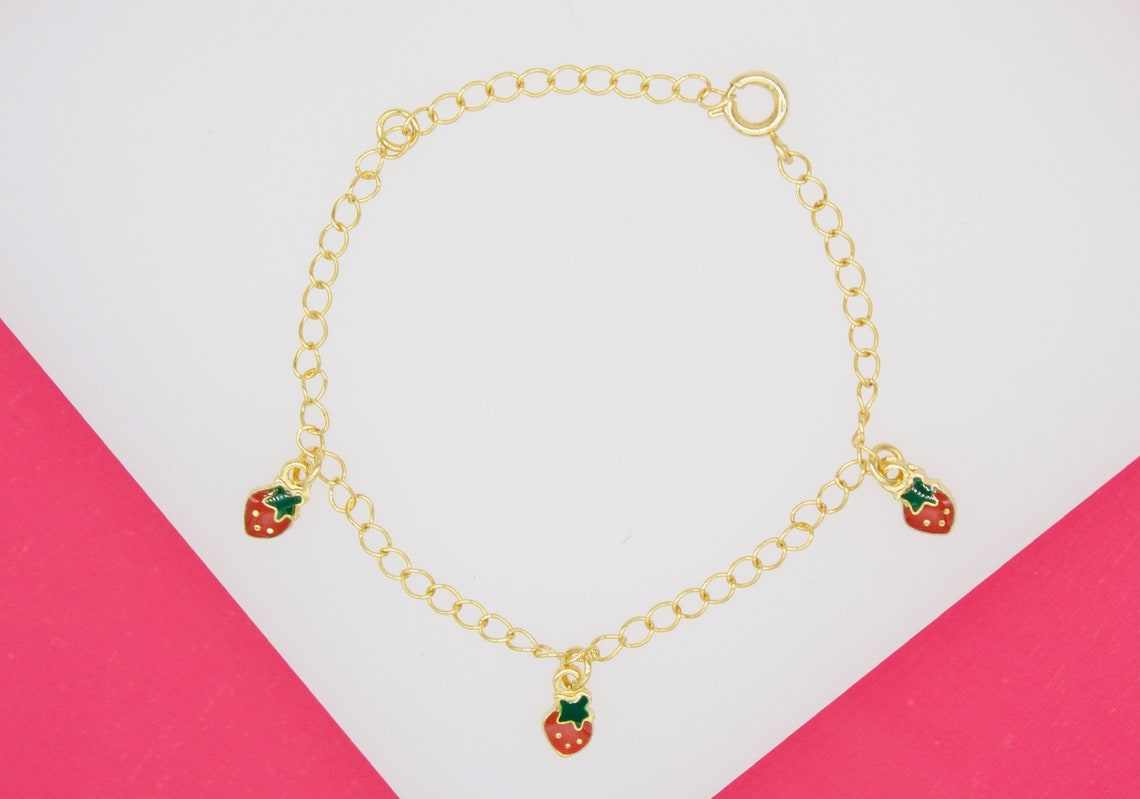 18K Gold Filled Dangle Strawberry Charm Bracelet
