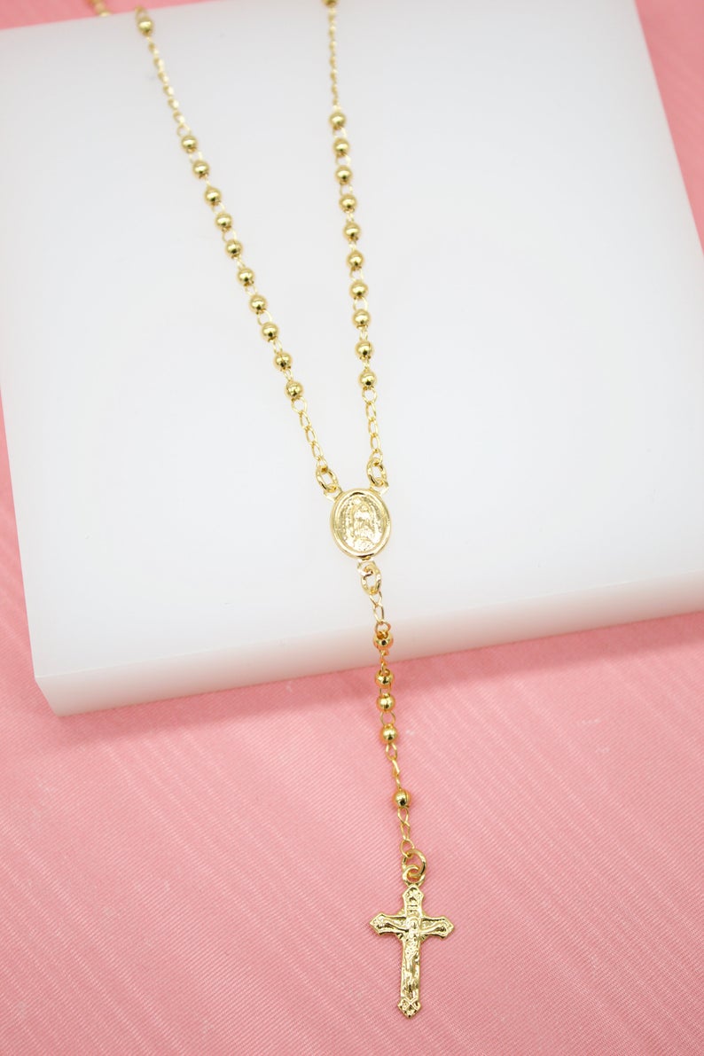 Catholic Gold Bead Rosary With Crucifix And Milagros Charm