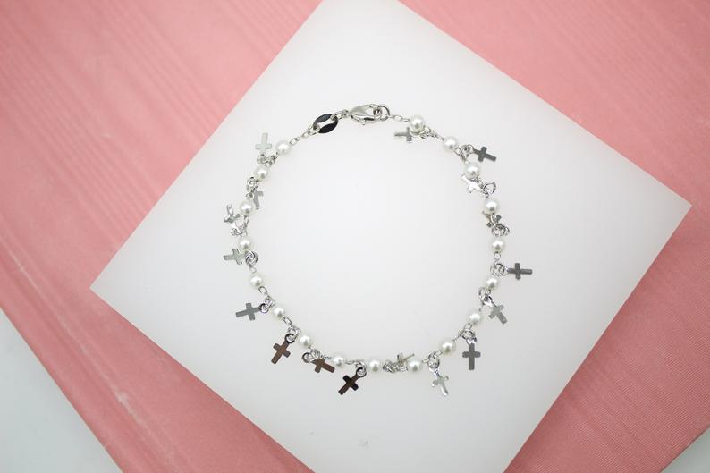Gold Filled Cross Charm Bracelet with Pearls