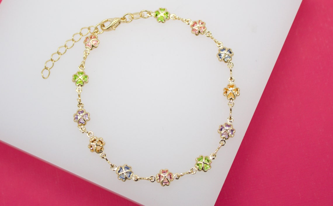 18K Gold Filled Four Leaf Clover Multi-Color CZ Charm Bracelet