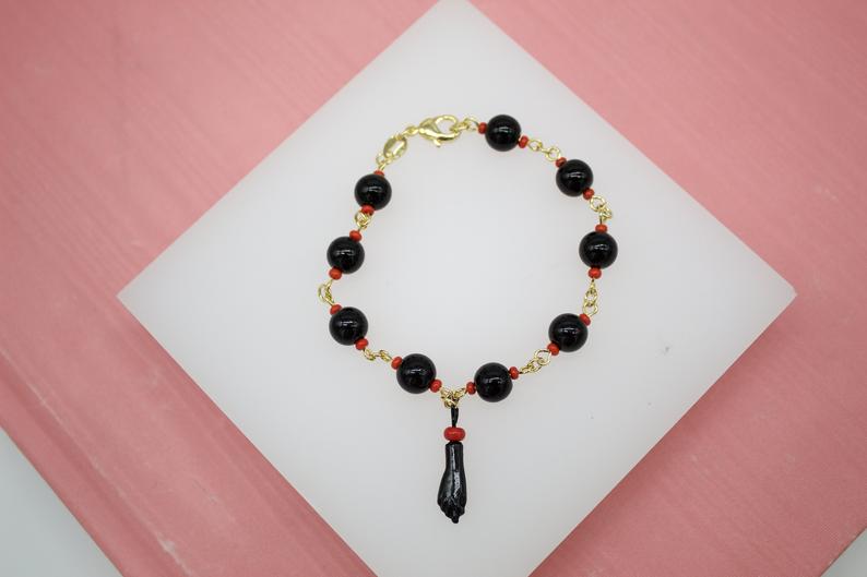 18K Gold Filled 7mm Azabache Bead Chain Bracelet With Protection Charm