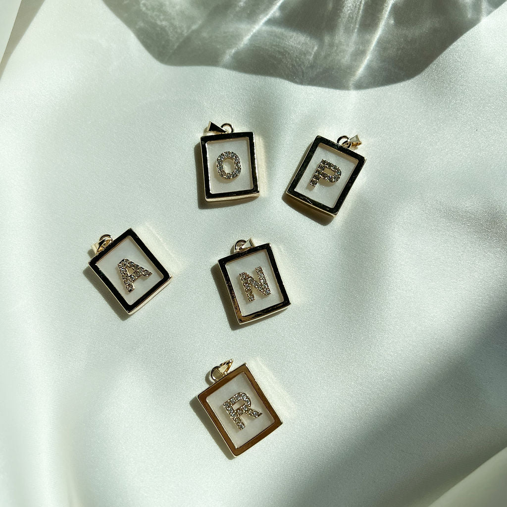 Letter Box WHITE Madre Pearl Pendant With Zirconia Stones