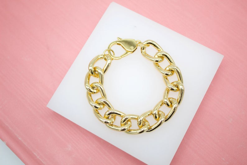 18K Gold Filled 14mm Curb Cuban Link Bracelet Chain