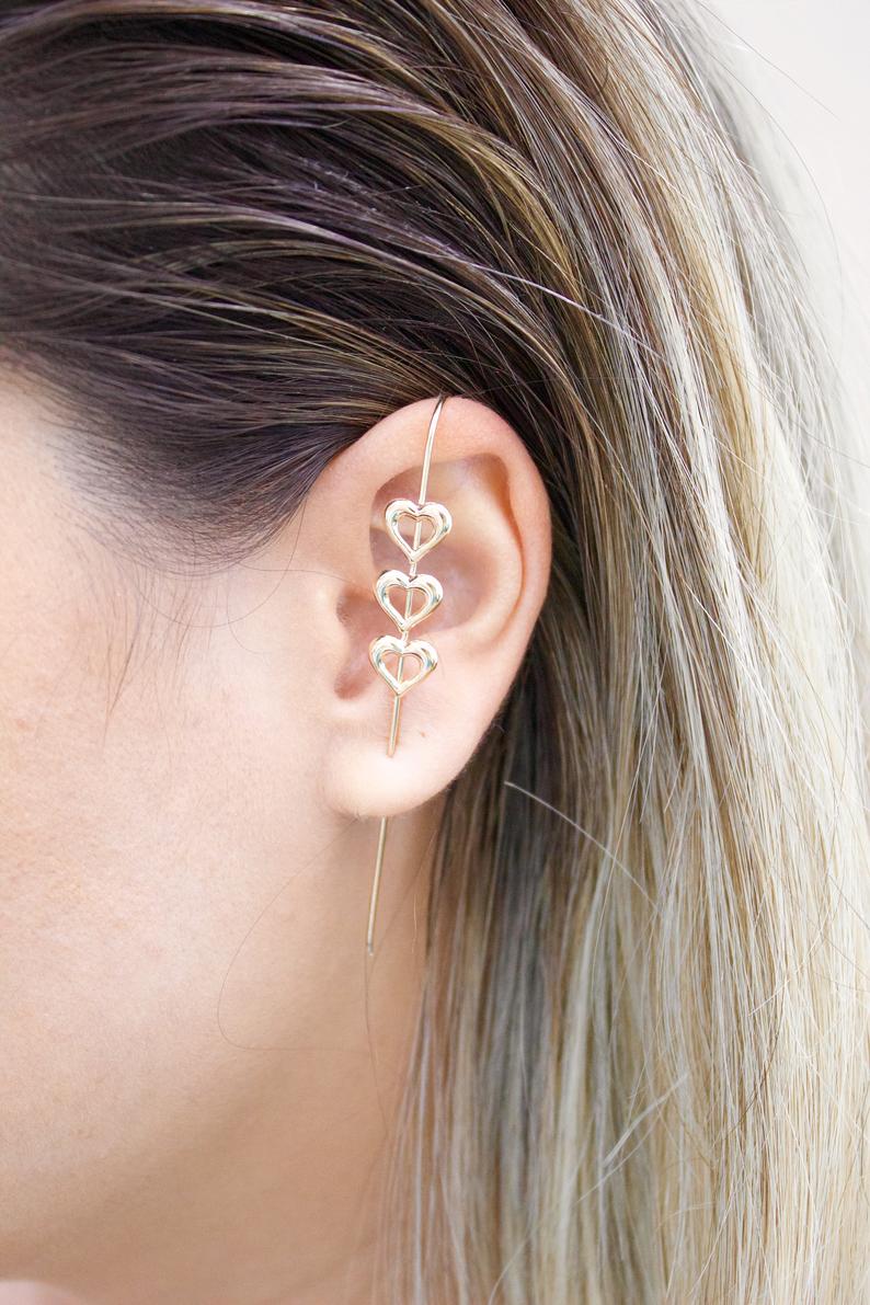 Gold Filled Hearts Industrial Bar Ear Cuff
