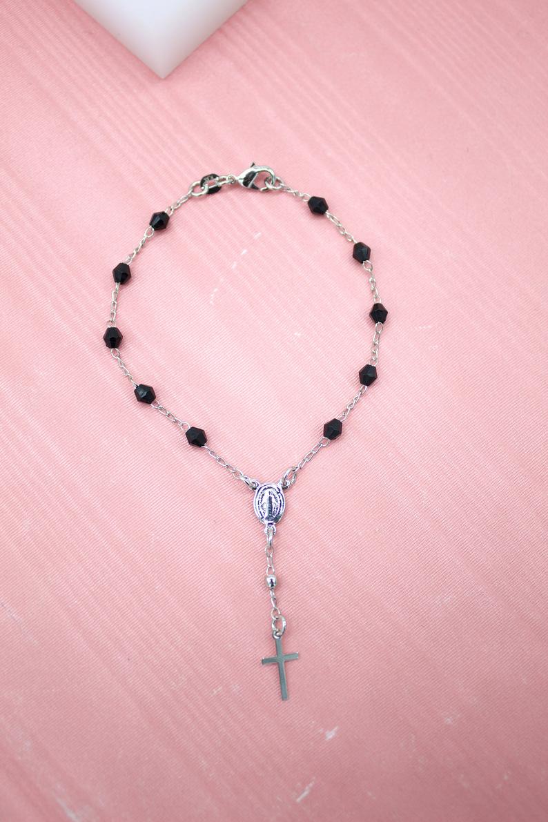 Gold Filled Cross and Virgin Mary Charm Bracelet with Black Beads