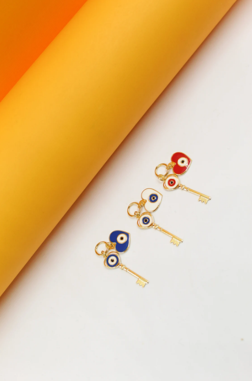 Gold Dainty Evil Eye Key & Heart Charm