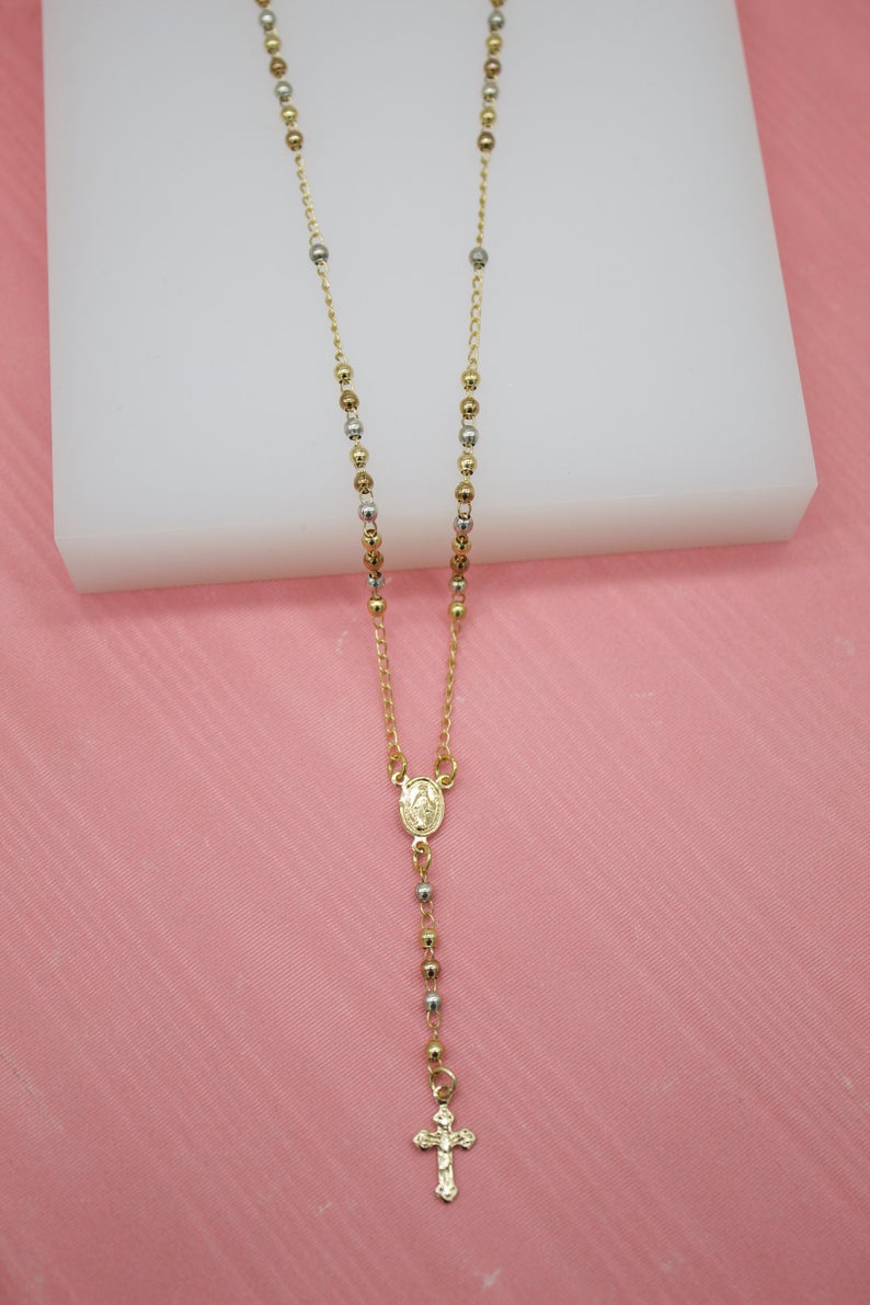 Catholic Gold Bead Rosary With Crucifix And Virgin Mary Charm