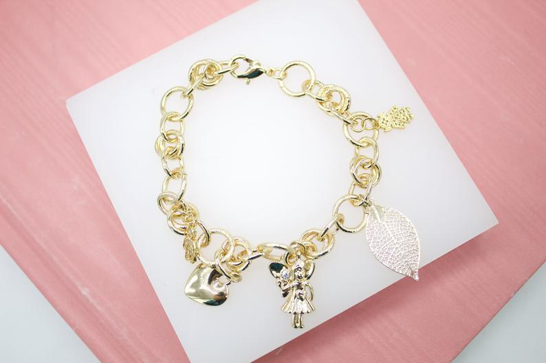 18K Gold Filled Nature, Fairy, Heart, Girl Boy Charms Bracelet