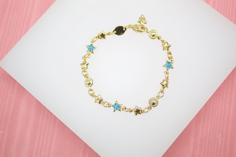 18K Gold Filled Star Charms Bracelet With Blue Star CZ Stones