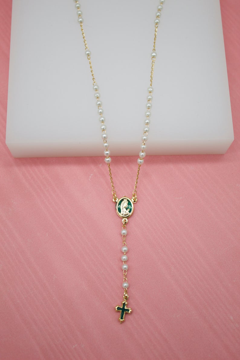 Gold Bead Rosary With Green Crucifix & Virgin Mary Charm