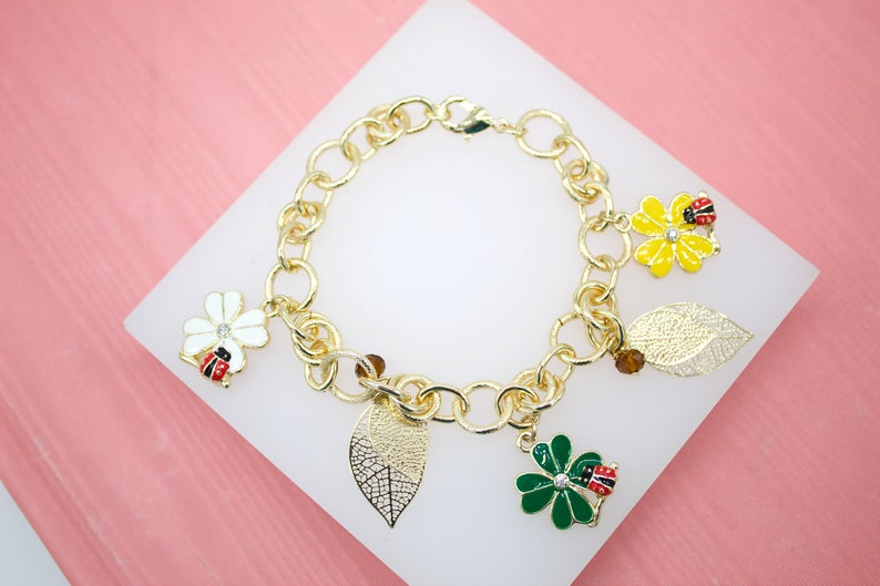 18K Gold Filled Flower Leaf Nature Charms Bracelet
