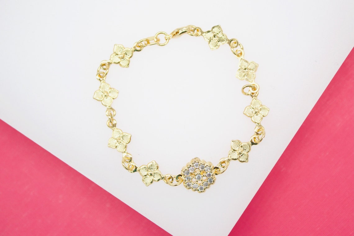 18K Gold Filled Flower Bracelet With Flower Cz Charm Bracelet