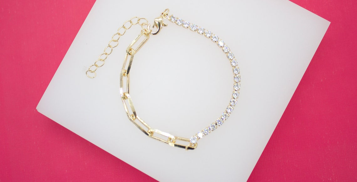 18K Gold Filled Designed 5mm Paper Clip With CZ Stones Bracelet