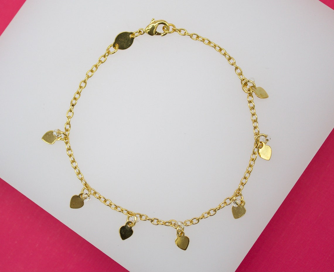 18K Gold Filled Dangle Heart Charm With Clear Bead Bracelet