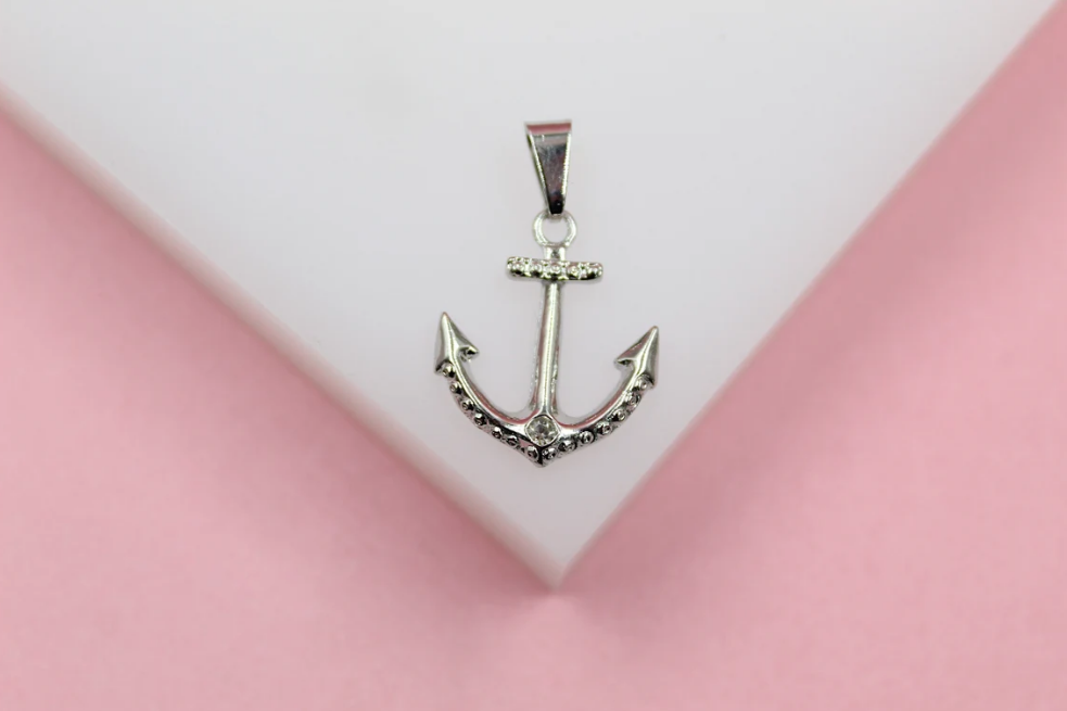 18K Rhodium Ocean Boat Anchor Charm Pendant With Zirconia Stones