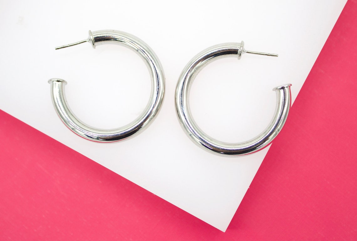 18K Rhodium Filled 5mm Thick Open Hoop Stud Hoops Earrings