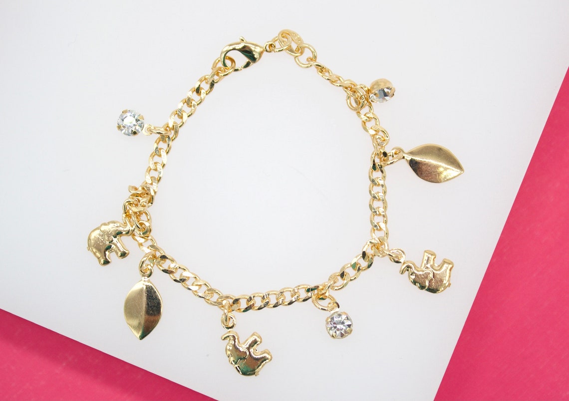 18K Gold Filled Dangle Elephant CZ Stone Leaf Charm Bracelet