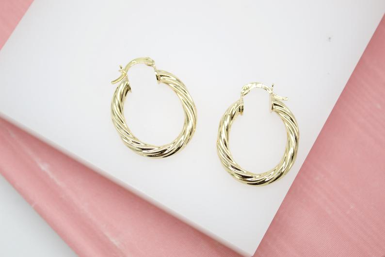 18K Gold Filled 4mm Thick Oval Twisted Hoops Lever Back Earrings