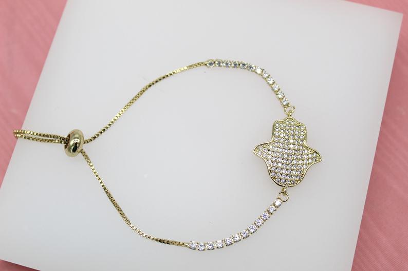 18K Gold Filled Adjustable Box Chain Bracelet With Clear CZ Stones On A Hamsa Hand Charm
