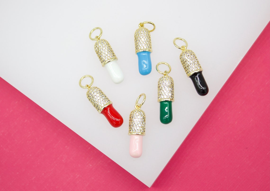 18K Gold Filled Enamel Pill Pendant With Micro Pave Cz stones