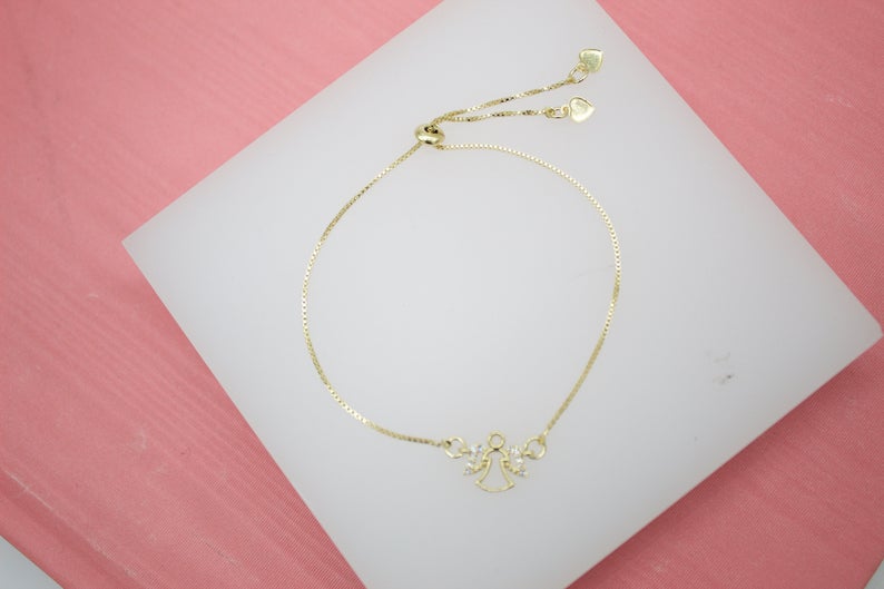 18K Gold Filled Angel Adjustable Box Chain Bracelet With Micro CZ Stones