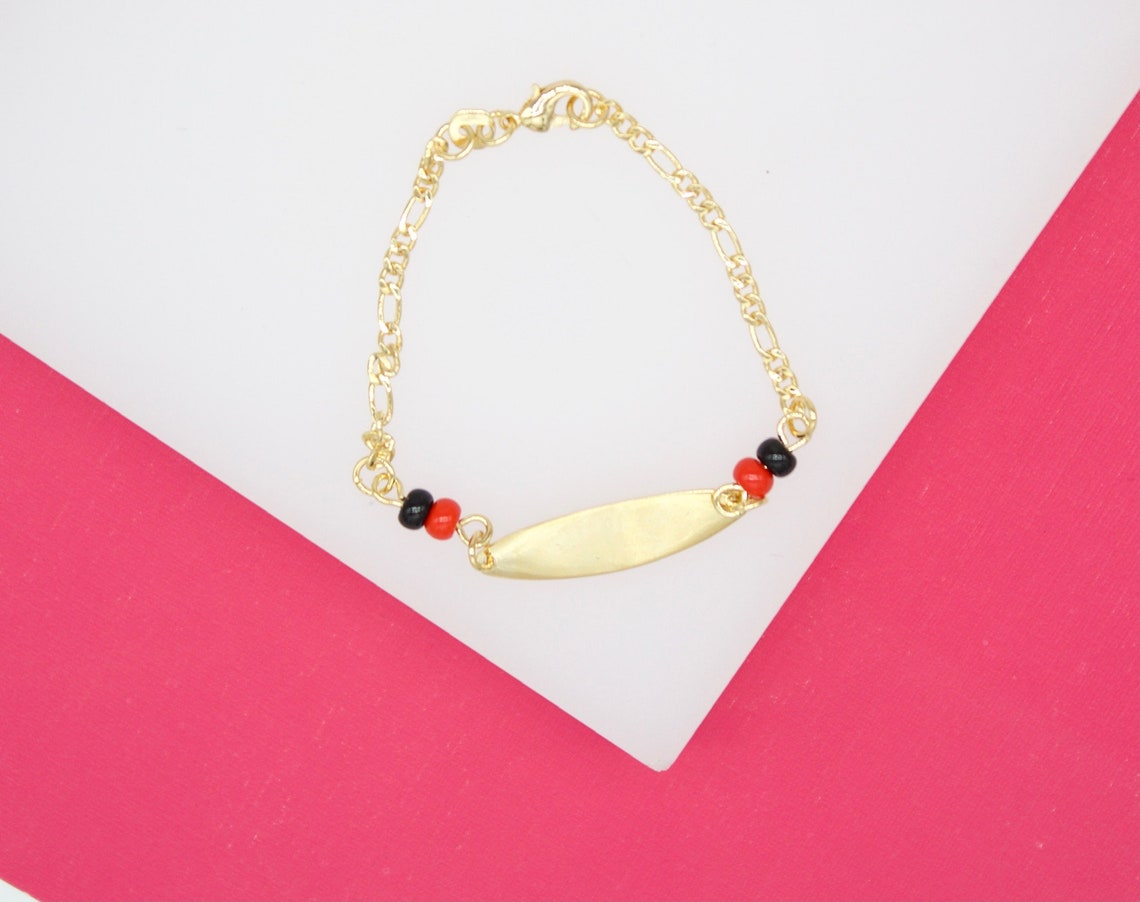 Gold Filled Azabache Style 2mm Figaro Bracelet With Oval Plate