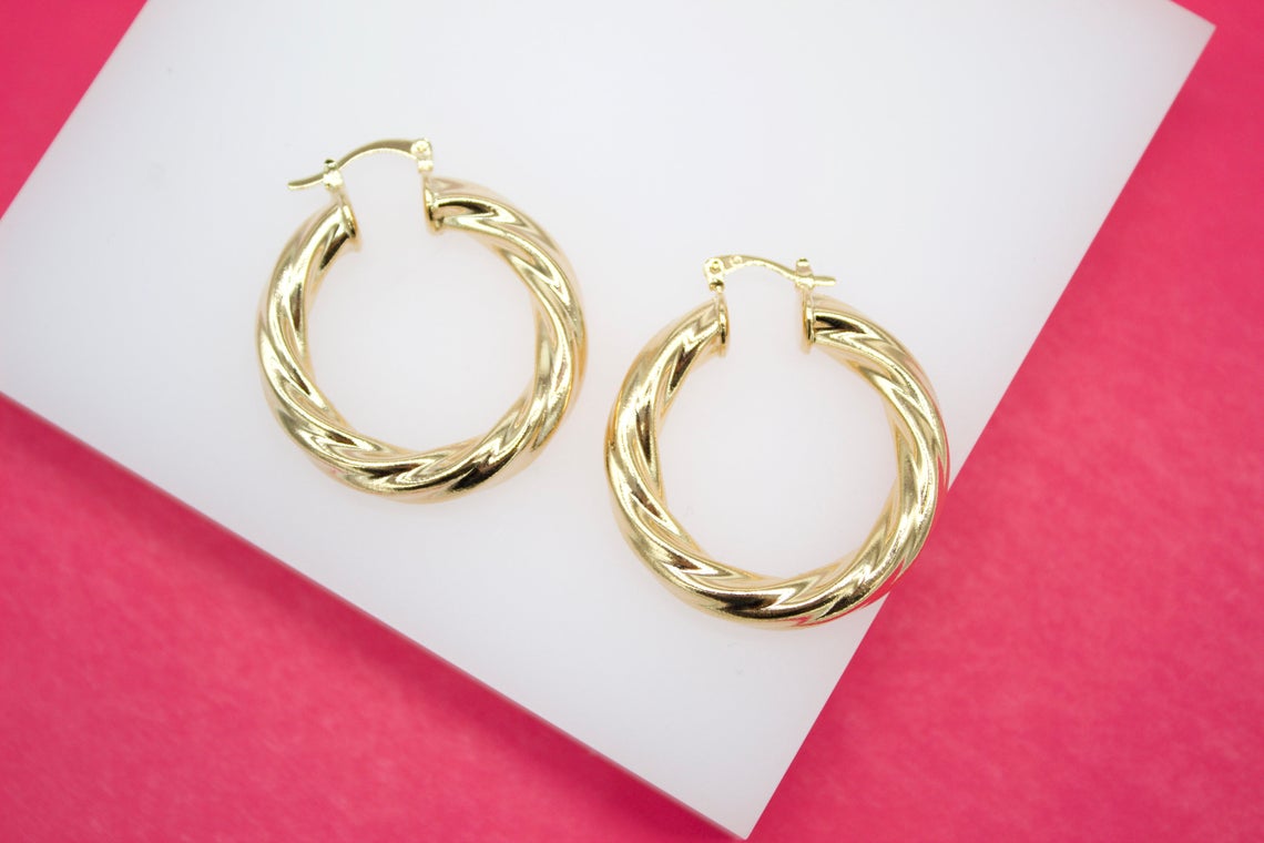 18K Gold Filled 6mm Twisted Hoops Lever Back Earrings