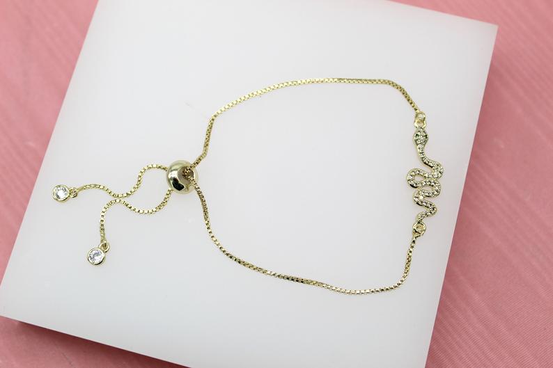 18K Gold Filled Adjustable Box Chain Bracelet With CZ Cubic Zirconia Stones And Snake Charm