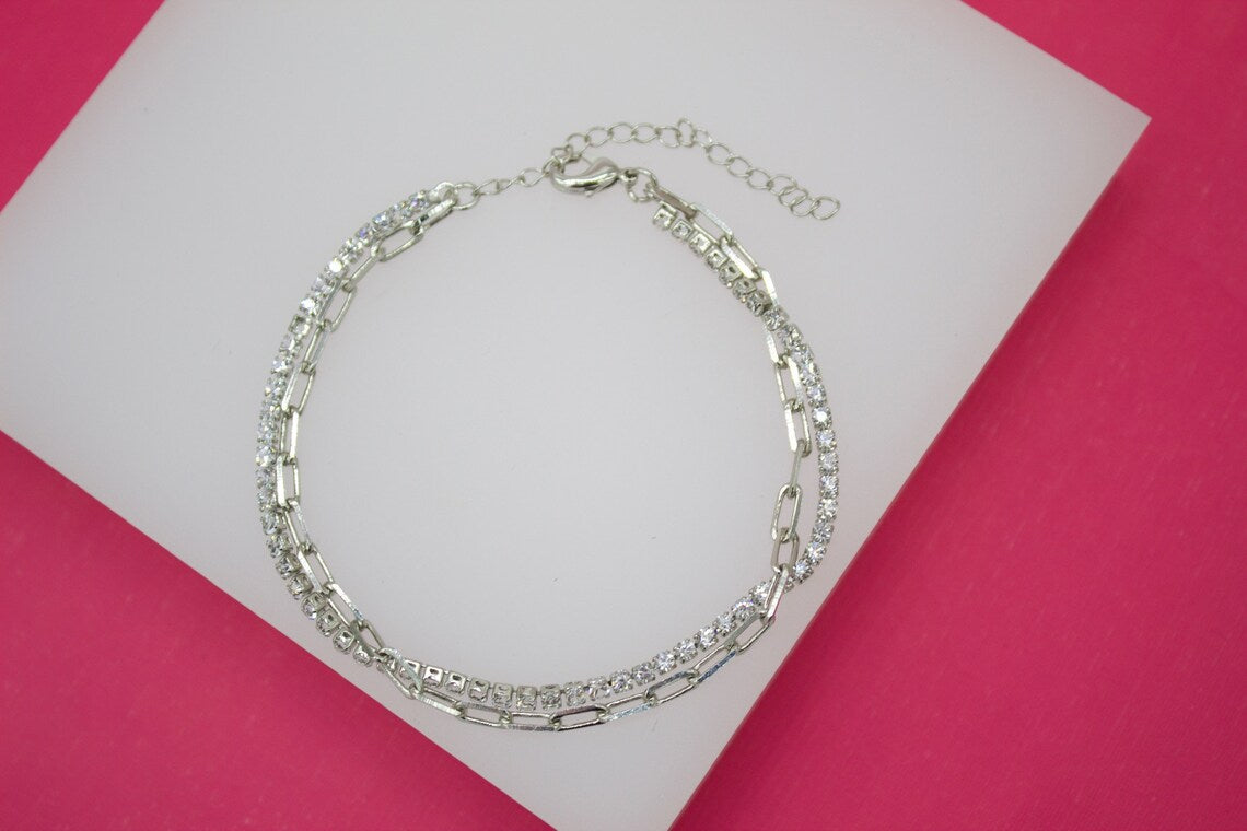 Stacked Clear Round CZ Stones With Paper Clip Chain Bracelets
