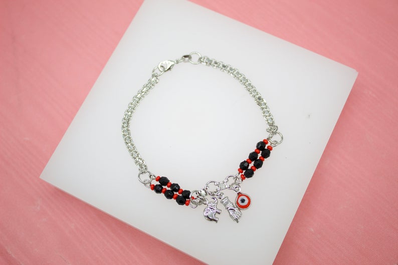 18K Gold Filled Azabache Chain Bracelet With Elephant, Evil Eye, Protection Charm