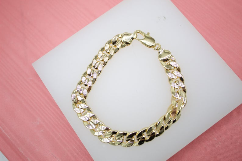 18K Gold Filled 9mm Curb Cuban Bracelet Chain With Grip Texture