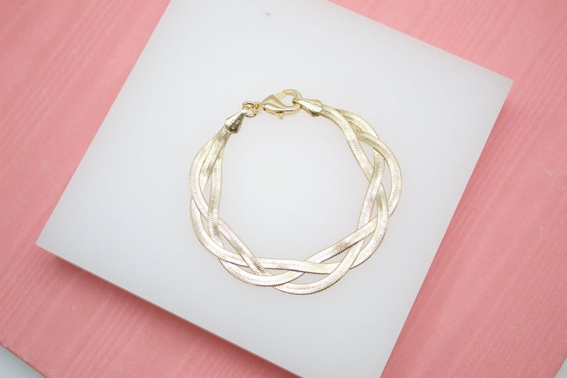 18K Gold Filled 3mm Triple Twisted Herringbone Snake Chain Bracelet