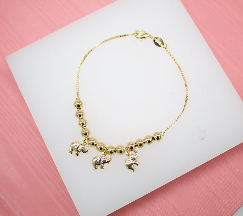 18K Gold Filled Beaded Chain Bracelet With Elephant Charms