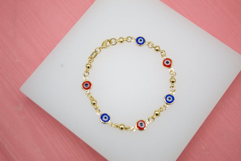 18K Gold Filled Red And Blue Evil Eye Chain Bracelet