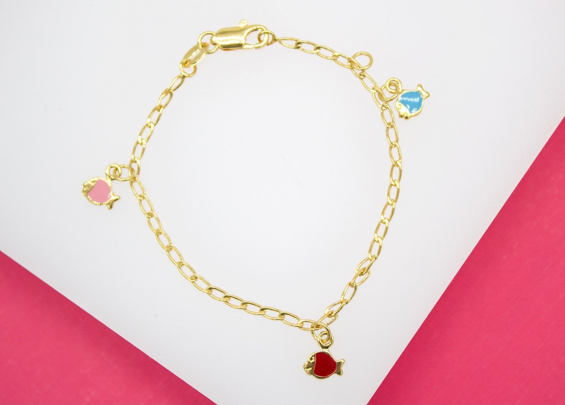 18K Gold Filled Dangle Enamel Fish Charm Bracelet