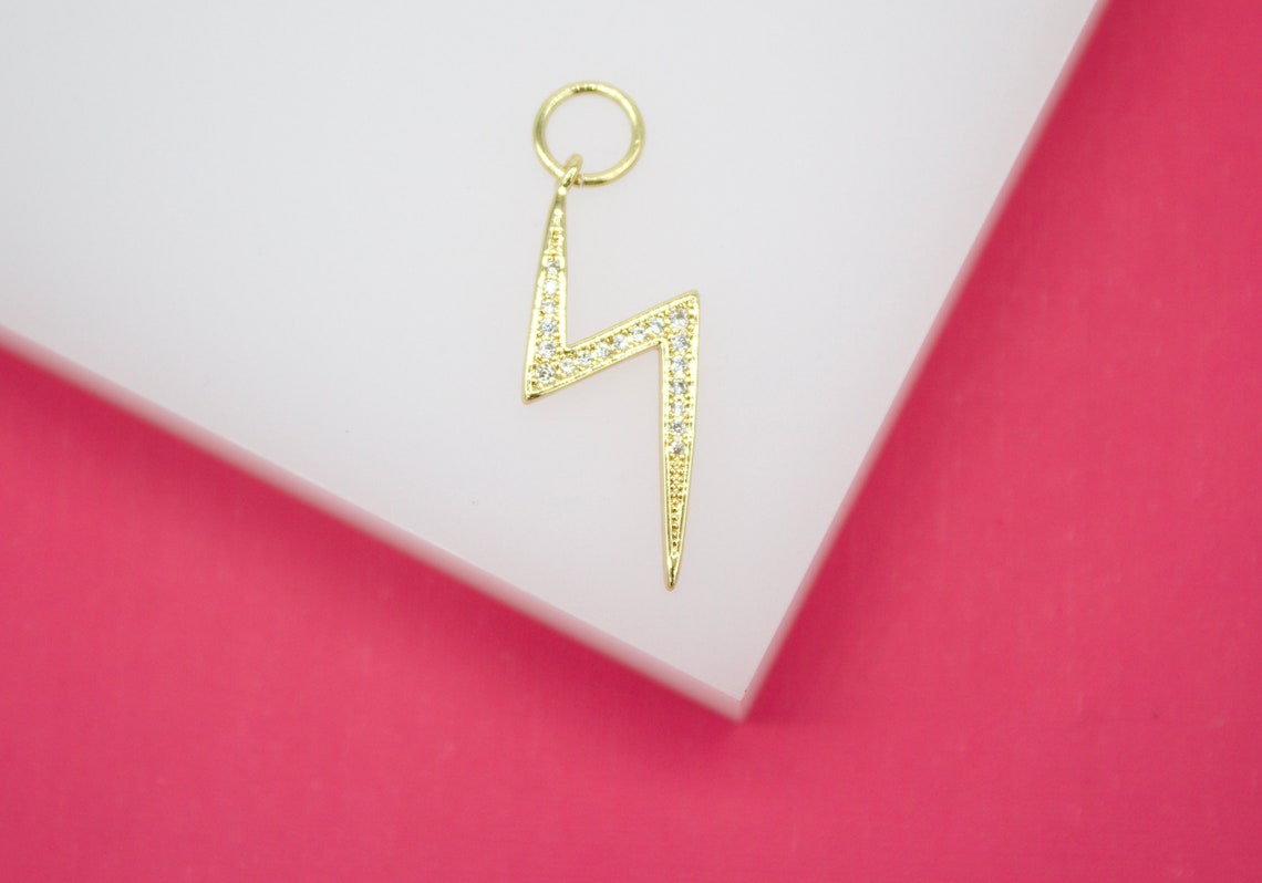 18K Gold Filled Micro CZ Pave Lightning Bolt Pendant Thunder Charm