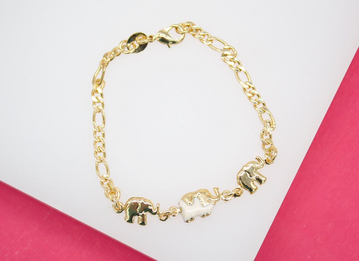 18K Gold Filled Enamel Elephant Figaro Bracelet