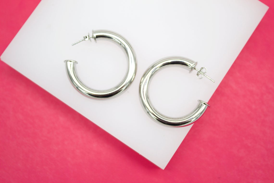 18K Gold Filled 6mm Thick Open Hoop Stud Hoops Earrings