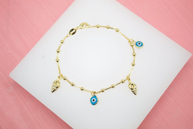 18K Gold Filled Blue Dangle Colorful Evil Eye And Sea Shell Charms Bracelet