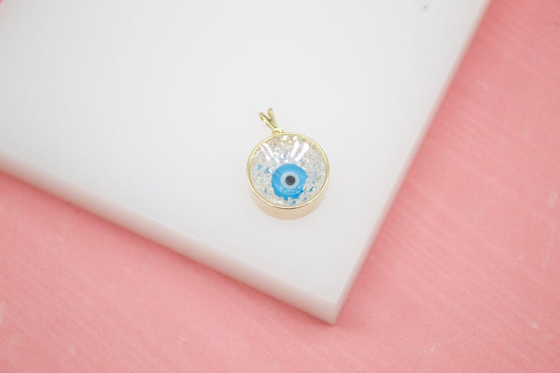 18K Gold Filled Cylinder Pendant With Evil Eye and CZ Stones