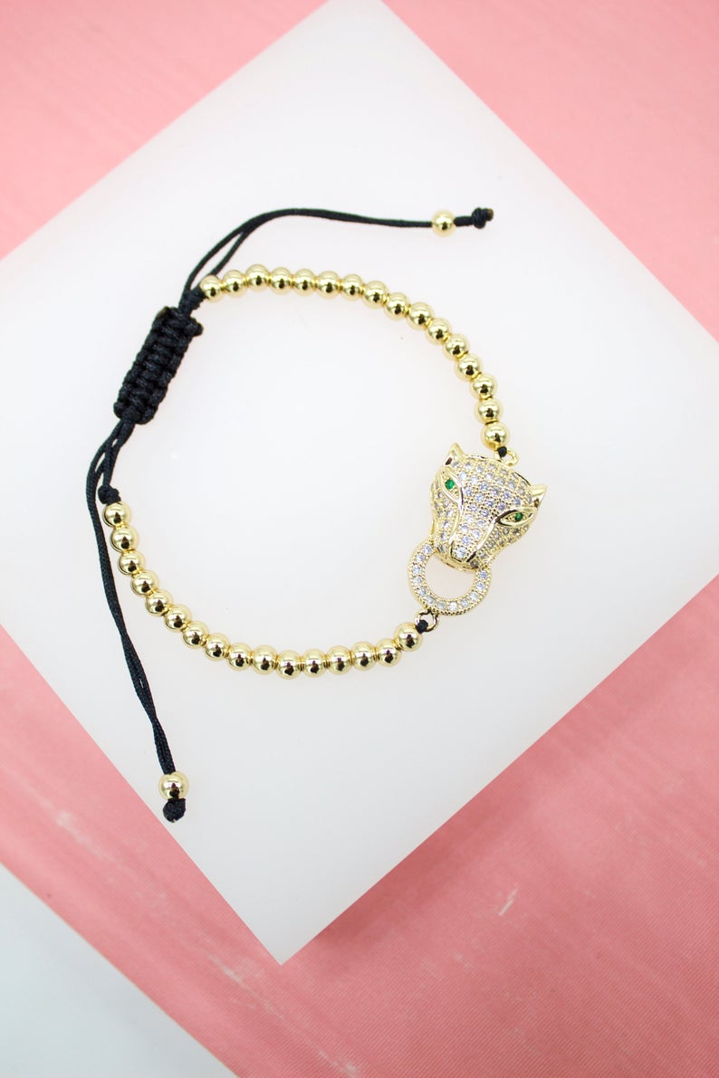 18K Gold Filled Adjustable Bead Bracelet With Leopard Head