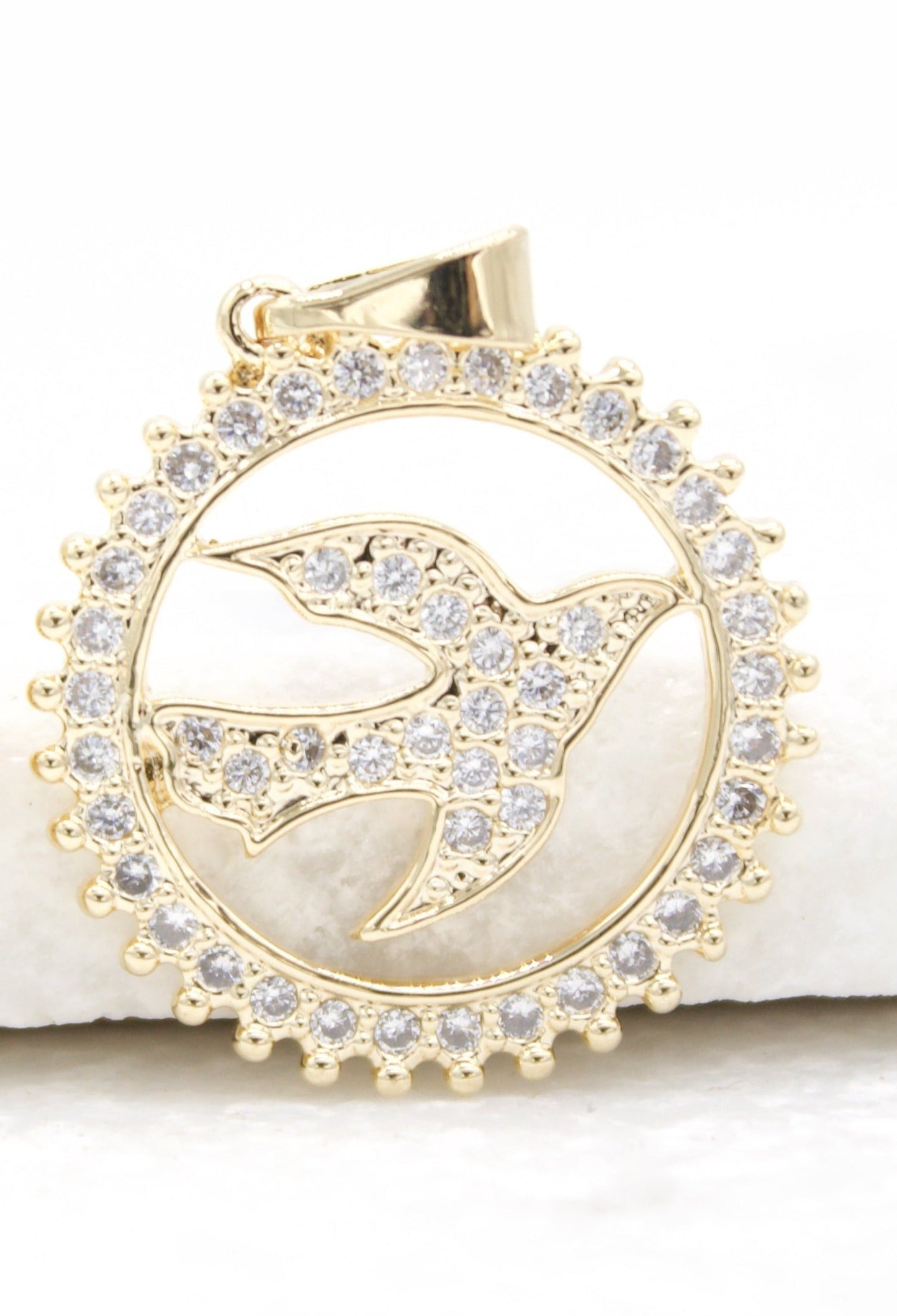 18k Gold Filled Round Medallion Bird Pendant With CZ Stones