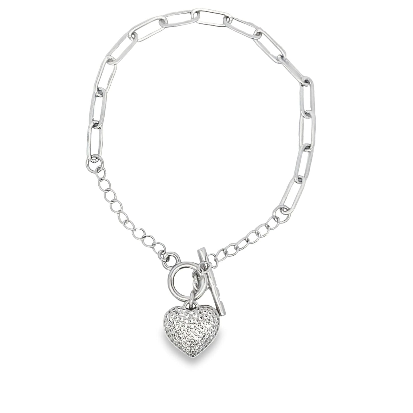 Paper Clip Chain Bracelet With A Heart Clear Micro CZ Stones