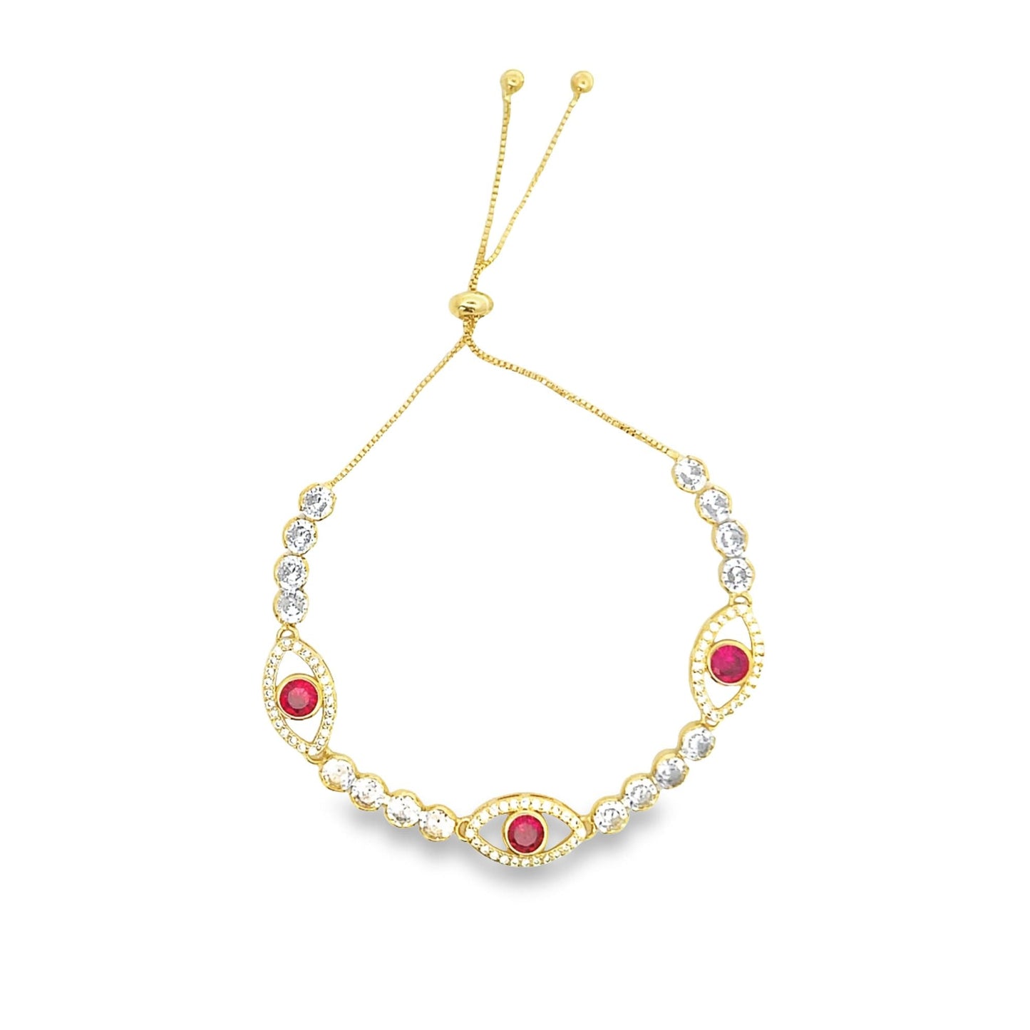 Oval Evil Eye Adjustable Bracelet With Round Clear CZ Stones