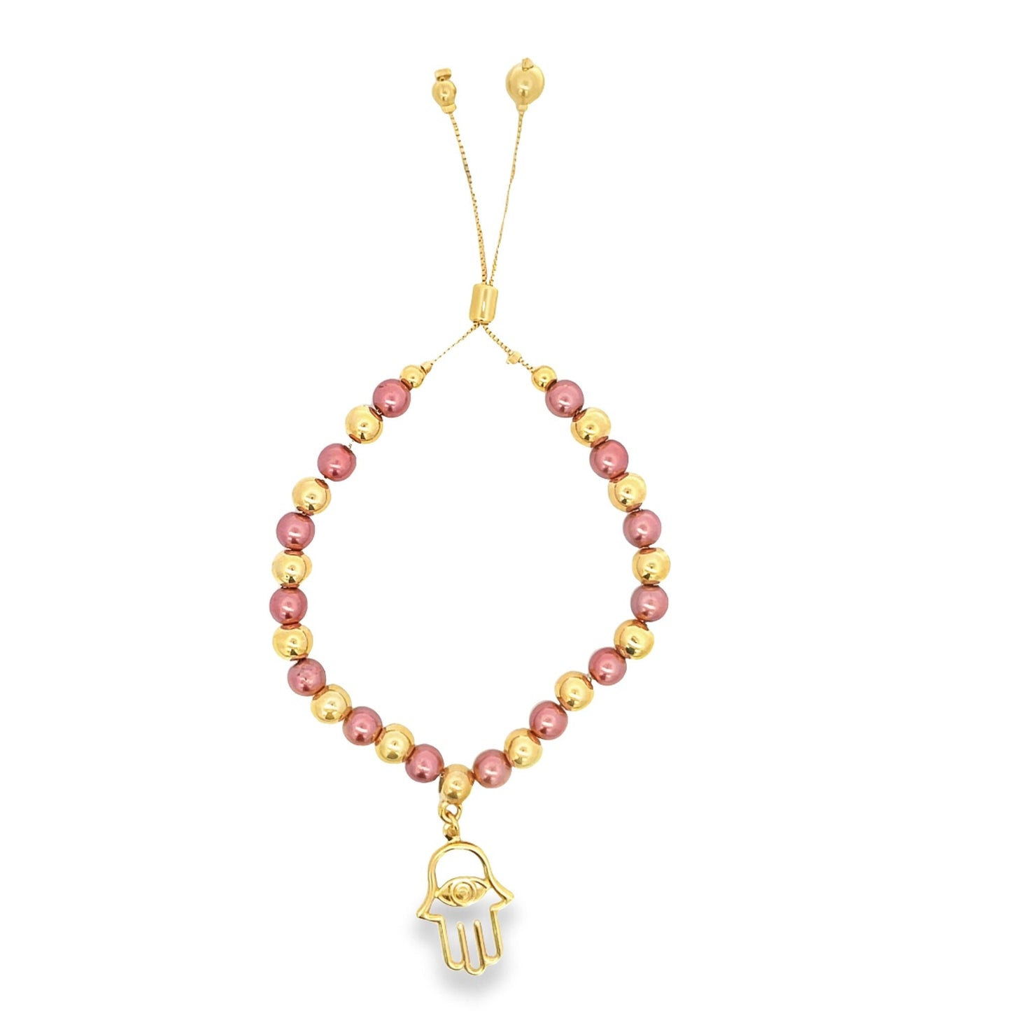 Outlined Evil Eye Hamsa Hand Charm Gold Red Beaded Adjustable Bracelet